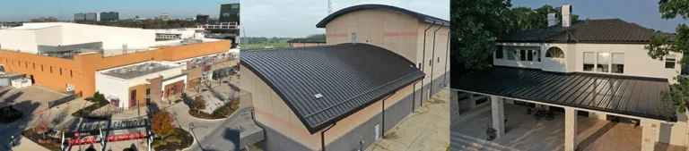 Three buildings with different types of commercial metal roofing, shown in aerial and angled views.
